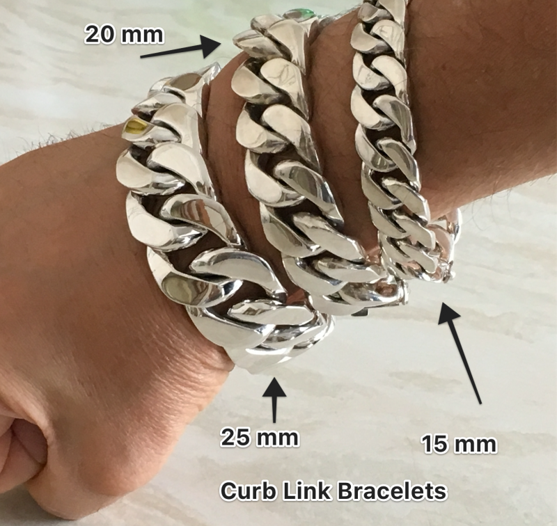Curb Link Bracelets size comparison 15mm - 20mm & 25mm