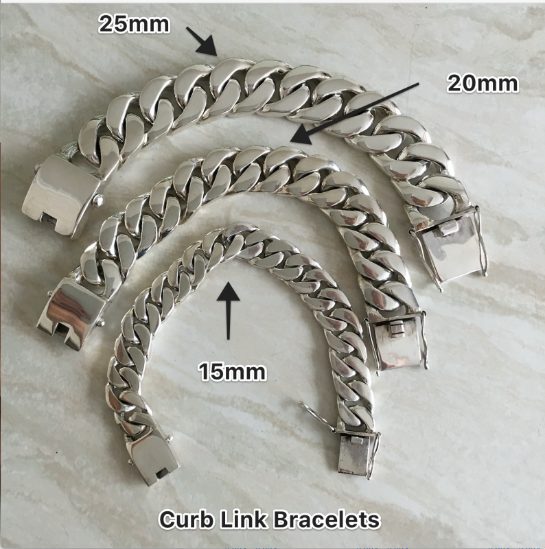 Curb Link Bracelets size comparison 15mm - 20mm & 25mm