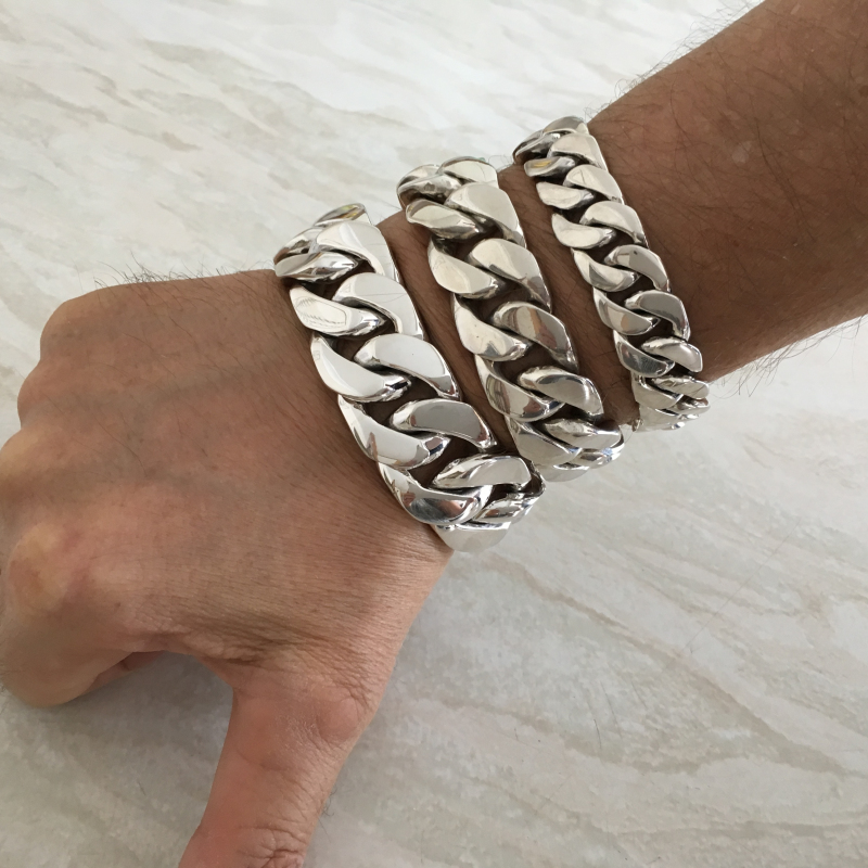 Silver curb link bracelet 15 -20 - 25mm - 8 inch. side by side3